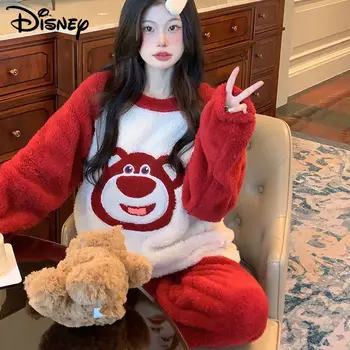 Disney Kawaii Lotso Lācis Koraļļu Plīša Pidžamas Sieviešu Ziemas Jaunas Multfilmas Sieviete Mājās Siltā Miega Uzvalks Korejas Salds Gudrs Naktsveļu